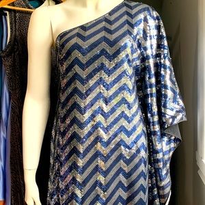 Stunning Jay Godfrey Dress Party Sequins Striped Blue Gray One Shoulder Batwing